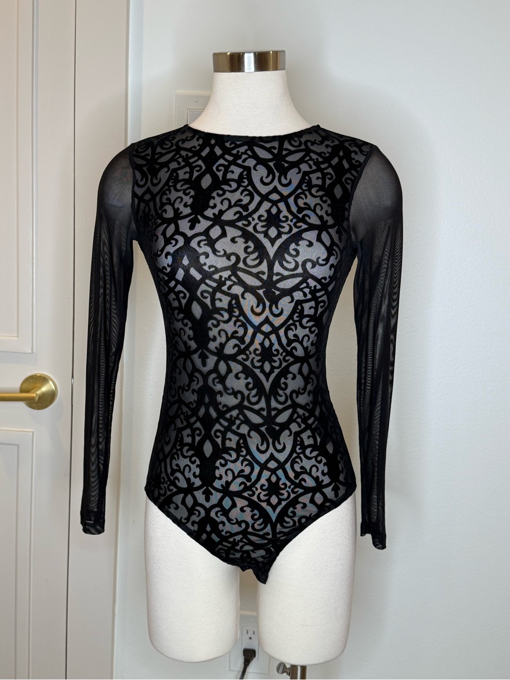 Black Mesh Long-Sleeve Bodysuit with Velvet Burnout Pattern
